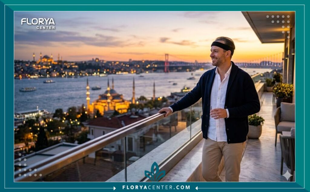 مريض سعيد يقف على شرفة فندق فاخر في اسطنبول بتركيا بعد إجراء زراعة الشعر FUE، مع إطلالة بانورامية على البوسفور والمعالم التاريخية.