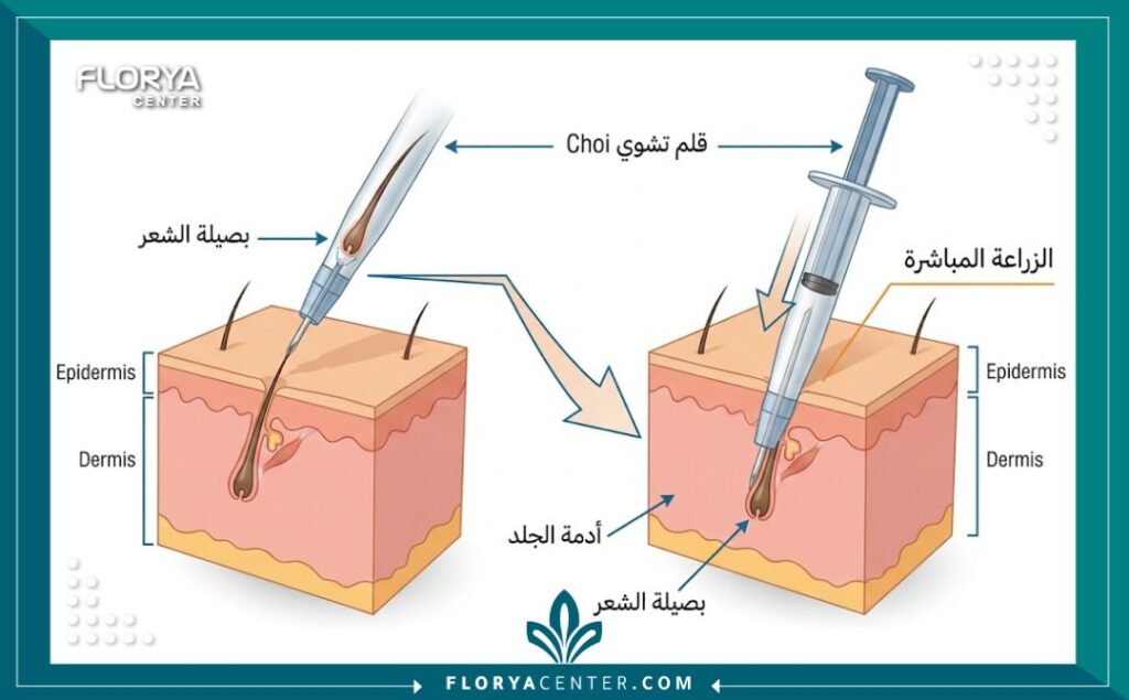مخطط طبي يوضح آلية عمل قلم تشوي في زراعة الشعر المباشرة (DHI) واختراقه لطبقات الجلد.