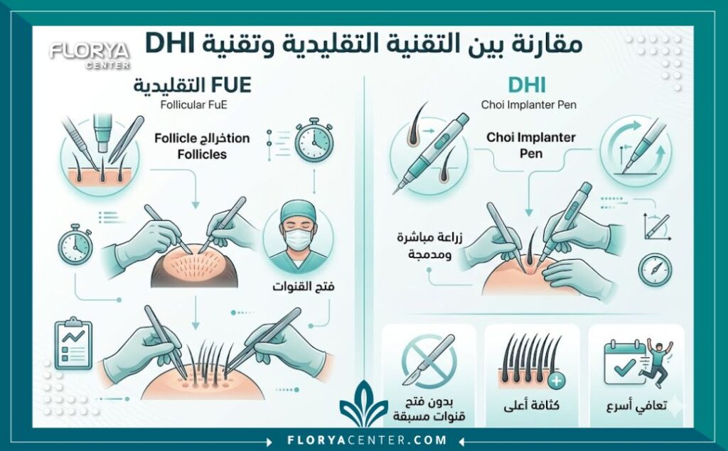 إنفوجرافيك يقارن بين خطوات زراعة الشعر بتقنية DHI بإستخدام قلم تشوي Choi من حيث السرعة والكثافة.