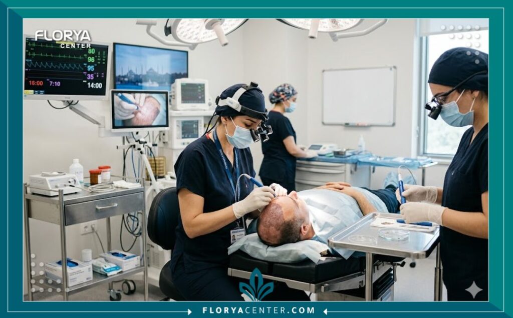 فريق طبي متخصص يجري عملية زراعة شعر DHI معقمة داخل غرفة عمليات حديثة في اسطنبول.