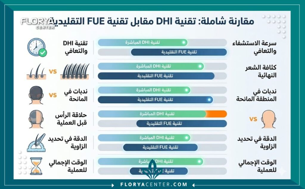 إنفوجرافيك يوضح مزايا زراعة الشعر المباشرة DHI مقارنة بتقنية اقتطاف البصيلات FUE التقليدية من حيث سرعة الاستشفاء، الكثافة، وحلاقة الرأس.