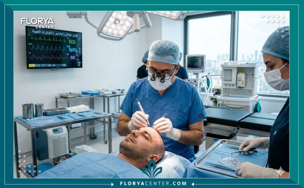 داخل غرفة عمليات معقمة واحترافية لزراعة الشعر بتقنية DHI في اسطنبول بتركيا، حيث يعمل الطاقم الطبي بدقة.