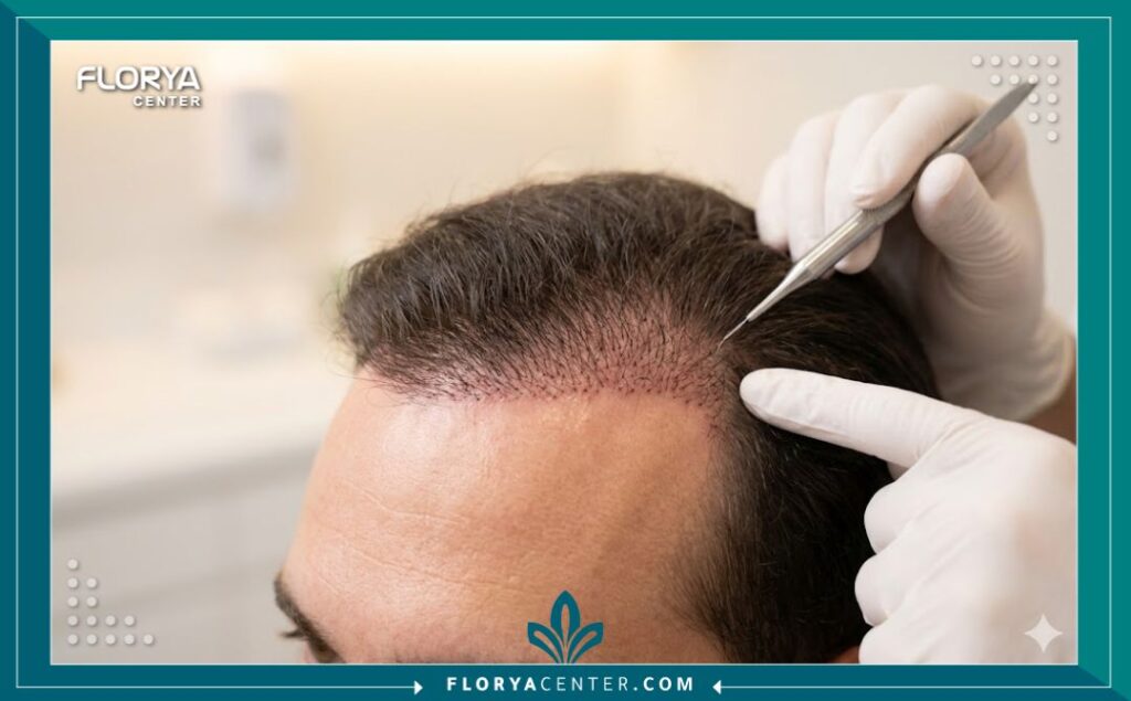 لقطة مقربة تظهر دقة وكثافة الشعر المزروع حديثاً بتقنية DHI عند خط الشعر ومقدمة الرأس، مع مظهر طبيعي واستشفاء سريع.