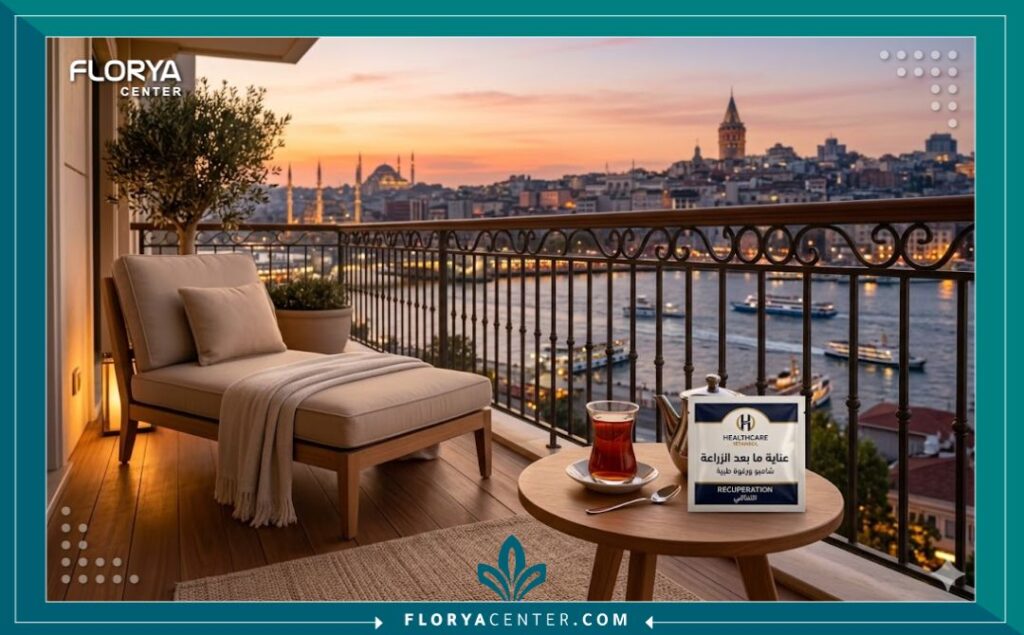 إطلالة بانورامية هادئة على مضيق البوسفور وأفق اسطنبول في تركيا من فندق فاخر، مما يرمز إلى تجربة زراعة الشعر DHI المريحة والاستشفاء في بيئة سياحية.