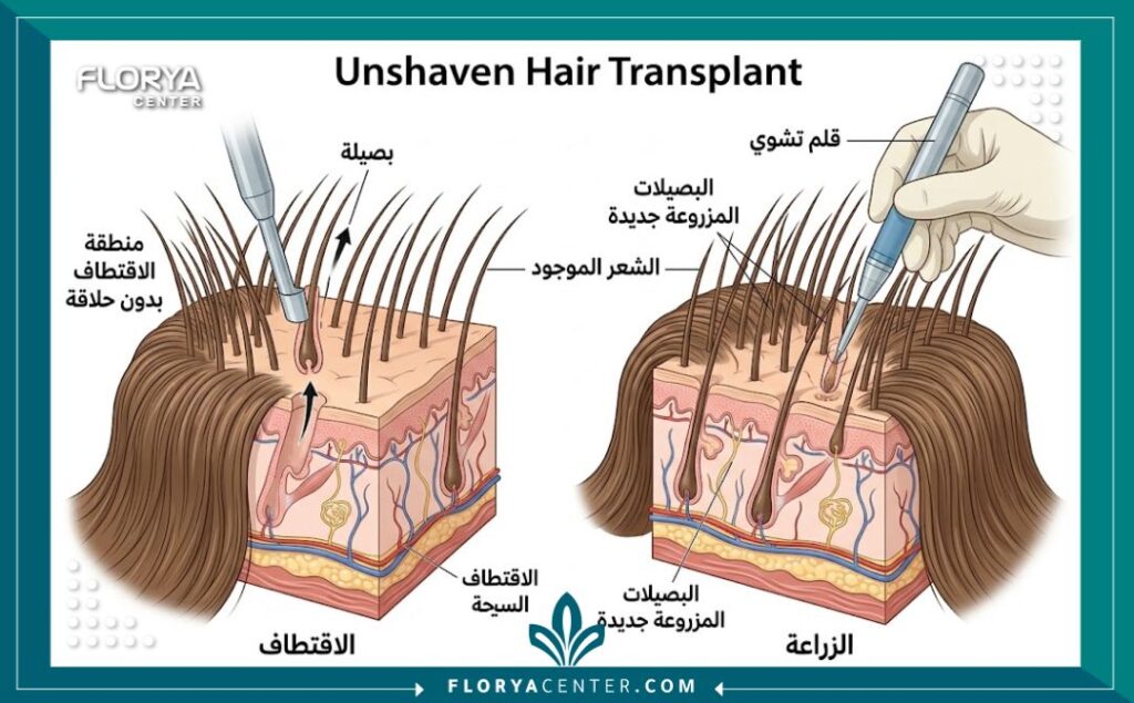 رسم تخطيطي طبي يوضح كيفية اقتطاف وزراعة بصيلات الشعر بين الشعر الطويل الموجود دون الحاجة لحلاقة الرأس.