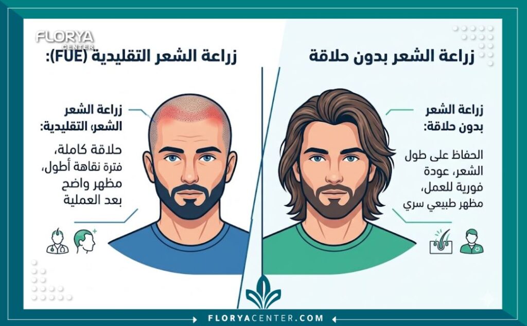 إنفوجرافيك مقارنة بين زراعة الشعر التقليدية التي تتطلب حلاقة الرأس وزراعة الشعر بدون حلاقة التي تحافظ على مظهرك الطبيعي.
