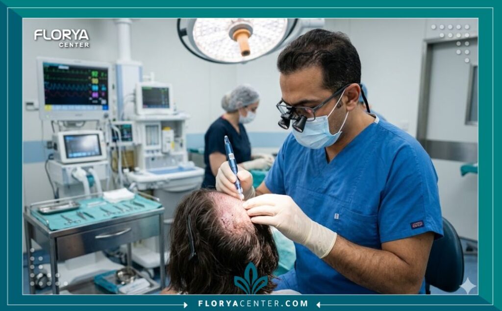 طبيب متخصص يجري عملية زراعة الشعر باستخدام تقنية DHI المتقدمة في غرفة عمليات معقمة واحترافية دون حلاقة شعر المريض.