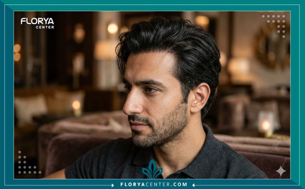 لقطة قريبة تظهر المظهر الجمالي الطبيعي وكثافة خط الشعر الأمامي بعد إجراء عملية زراعة شعر ناجحة بدون حلاقة.