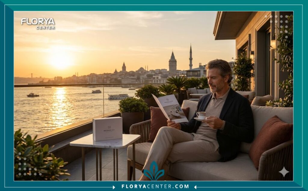 رجل يستمتع بإجازة التعافي والهدوء في إسطنبول بتركيا على شرفة فخمة بعد خضوعه لعملية زراعة الشعر بدون حلاقة.