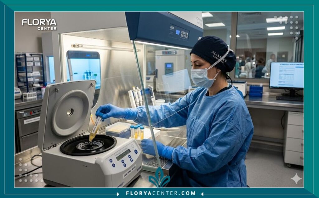 لقطة واقعية من داخل مختبر معقم في مستشفى باسطنبول تظهر فنيًا يقوم بفصل وتجهيز الخلايا الجذعية لزراعة الشعر.