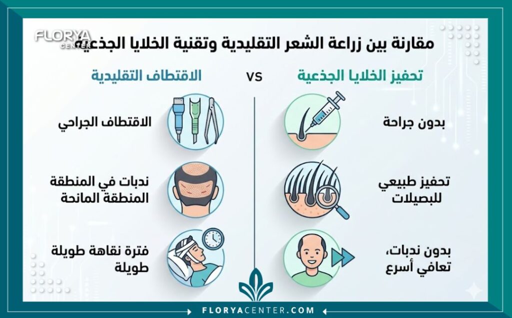 إنفوجرافيك يقارن بين نتائج ومميزات زراعة الشعر التقليدية وعلاج الشعر بالخلايا الجذعية من حيث الجراحة وفترة النقاهة.