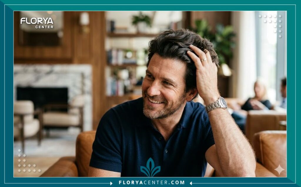 رجل سعيد يمتلك شعراً كثيفاً وصحياً بعد خضوعه لعلاج زراعة الشعر بطريقة وتقنية الخلايا الجزعية، يظهر النتيجة النهائية الطبيعية.