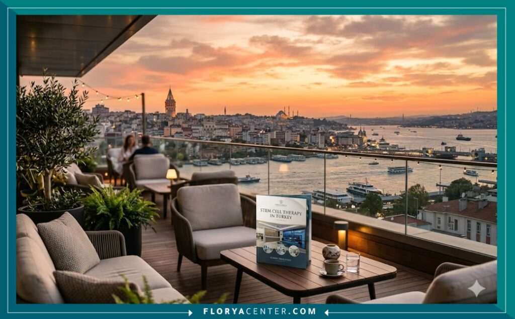إطلالة بانورامية ساحرة لمدينة اسطنبول والبوسفور وقت الغروب، ترمز لرحلة السياحة العلاجية لإجراء زراعة الشعر بالخلايا الجذعية في تركيا.