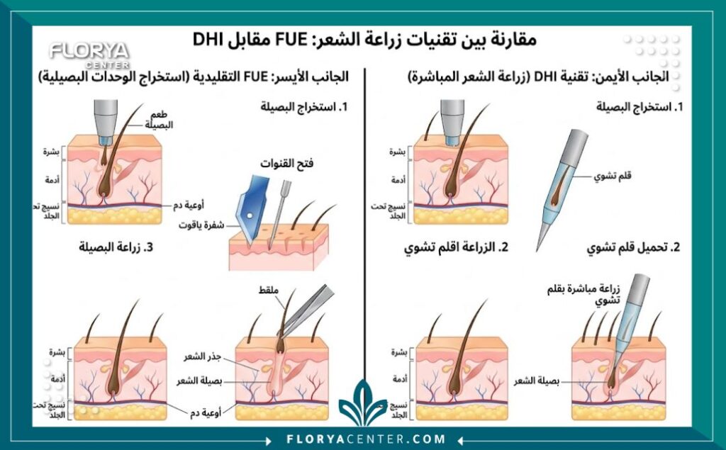 مخطط تشريحي يوضح الفرق بين فتح القنوات في تقنية FUE والزراعة المباشرة بدون قنوات في تقنية DHI