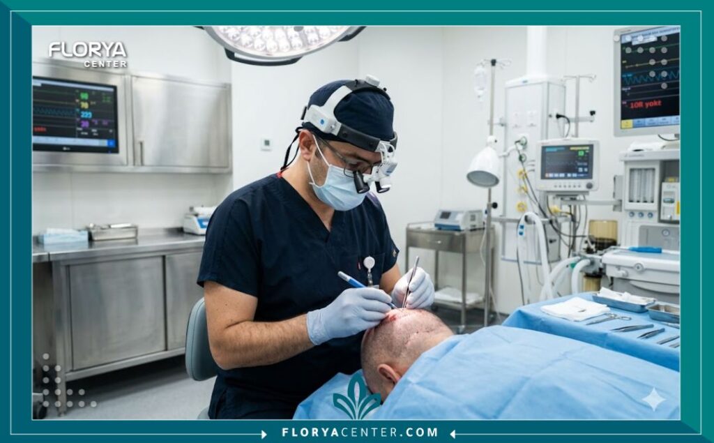 طبيب متخصص يجري عملية زراعة شعر دقيقة داخل غرفة عمليات معقمة ومجهزة بأحدث التقنيات الطبية في إسطنبول.