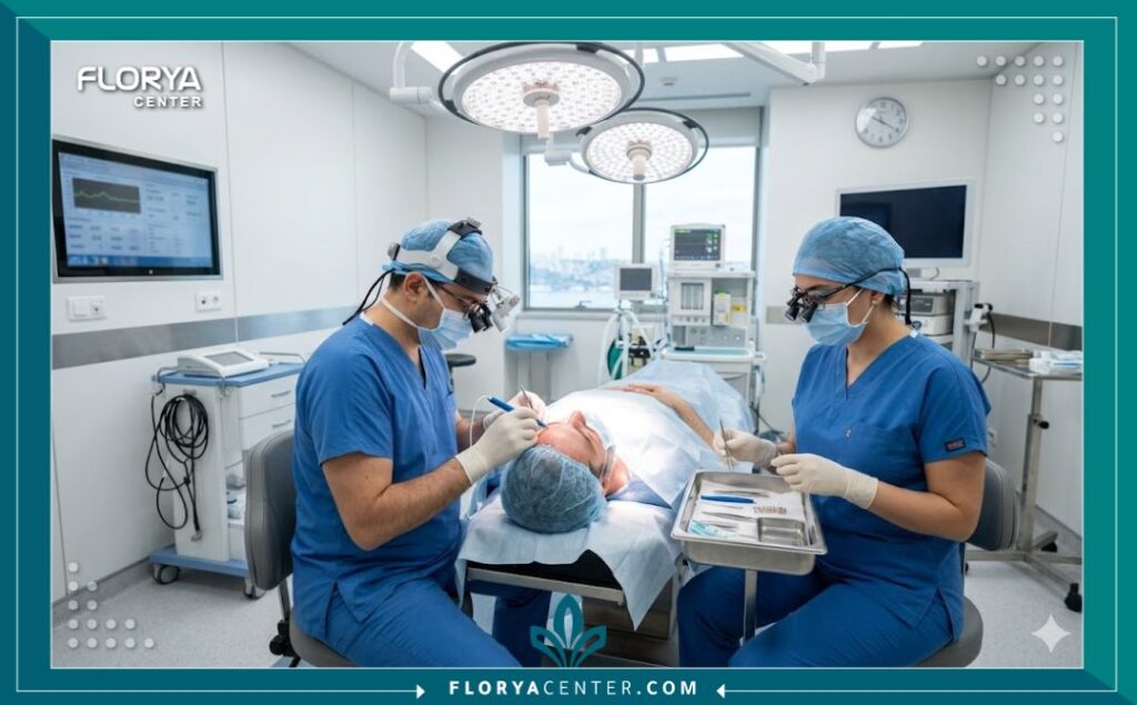 لقطة واقعية من داخل غرفة عمليات معقمة واحترافية لزراعة الشعر في مركز طبي متخصص، تظهر الطاقم الطبي أثناء تنفيذ العملية بدقة.