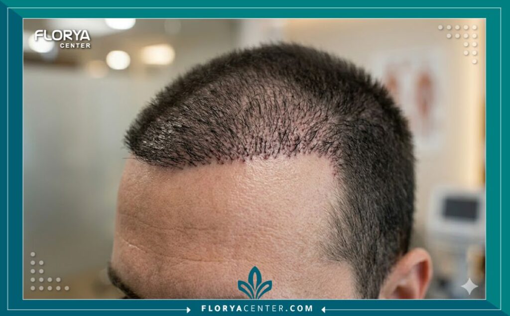 لقطة قريبة (Macro) جمالية تركز على تصميم خط الشعر الأمامي الطبيعي والكثيف لرجل بعد عملية زراعة الشعر، تبرز مهارة التوزيع والنتائج النهائية.