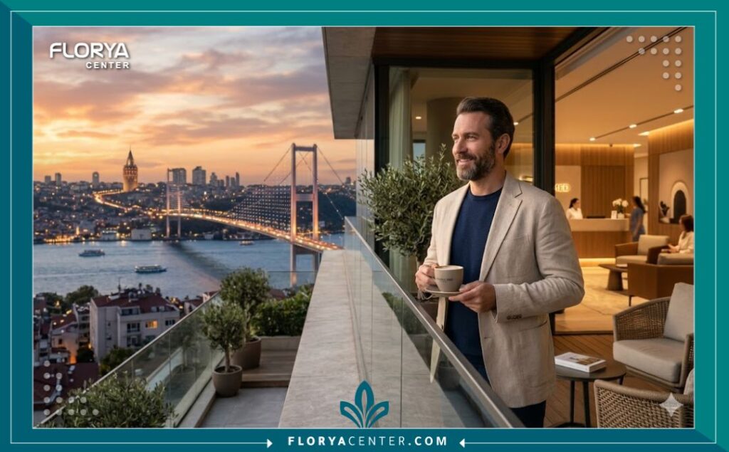 منظر بانورامي فاخر لإسطنبول وقت الغروب من شرفة عيادة زراعة شعر مرموقة، يجمع بين السياحة العلاجية والراحة النفسية للمريض قبل أو بعد زراعة الشعر تقنيات و نتائج.