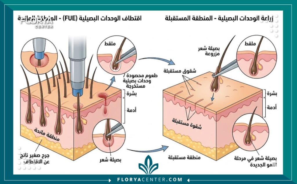 مخطط طبي تشريحي يوضح عملية زراعة الشعر بتقنية FUE مع تسميات باللغة العربية