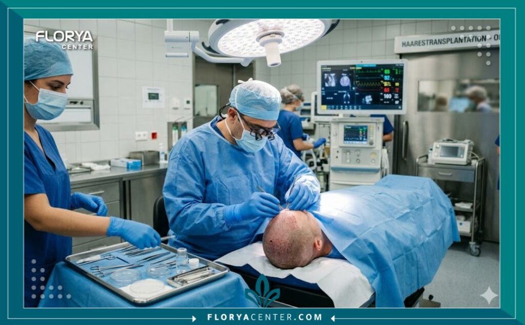 طبيب جراح يجري عملية زراعة شعر بدقة في غرفة عمليات معقمة ومجهزة