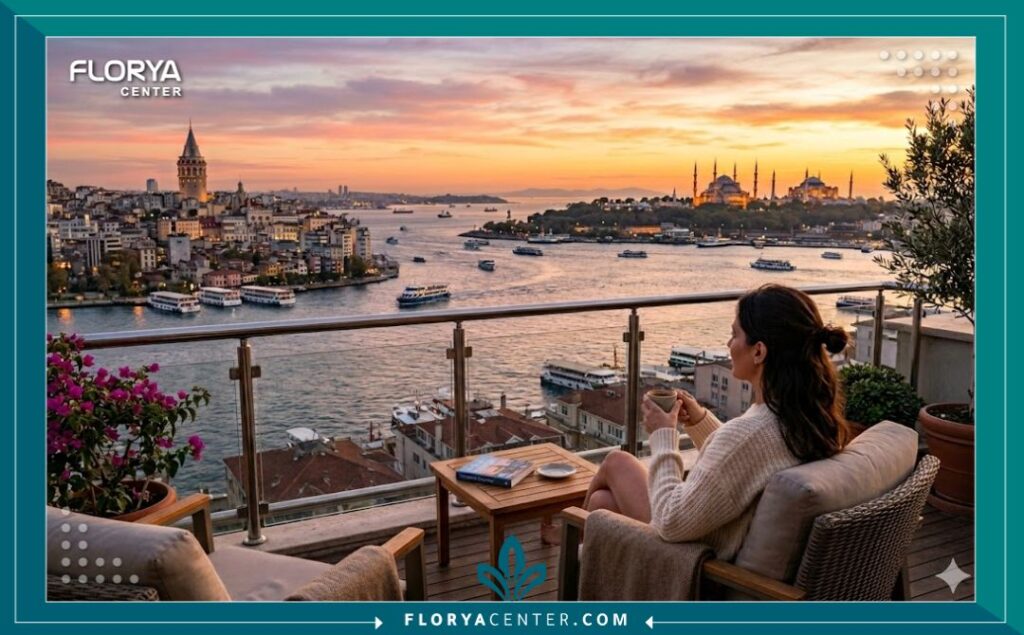مريض مرتاح يستمتع بمنظر اسطنبول بعد رحلة علاج ناجحة لزراعة الشعر