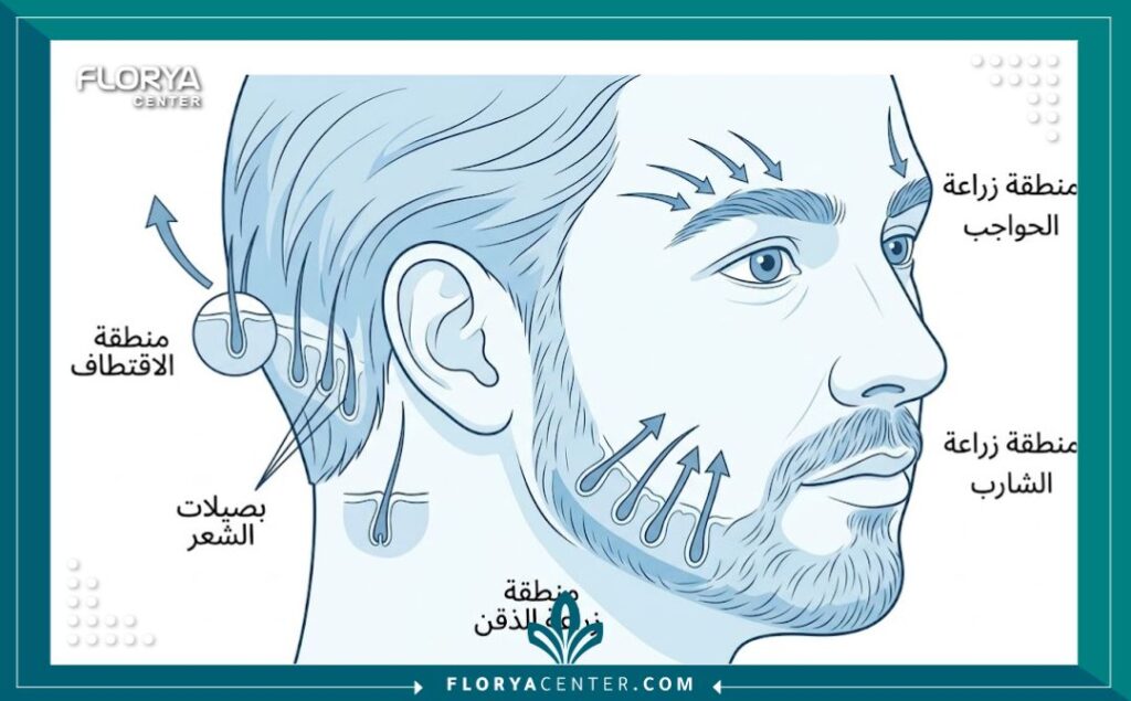 رسم تخطيطي طبي يوضح كيفية نقل بصيلات الشعر من المنطقة المانحة وزراعتها في مناطق الذقن والشارب والحواجب في الوجه.