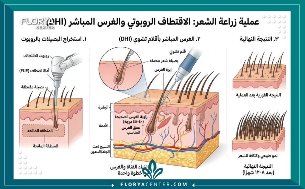 مخطط طبي تشريحي يوضح عملية زراعة الشعر بتقنية أقلام تشوي (DHI) بعد الاستخراج الروبوتي، موضحاً مراحل الغرس المباشر وتسميات باللغة العربية.