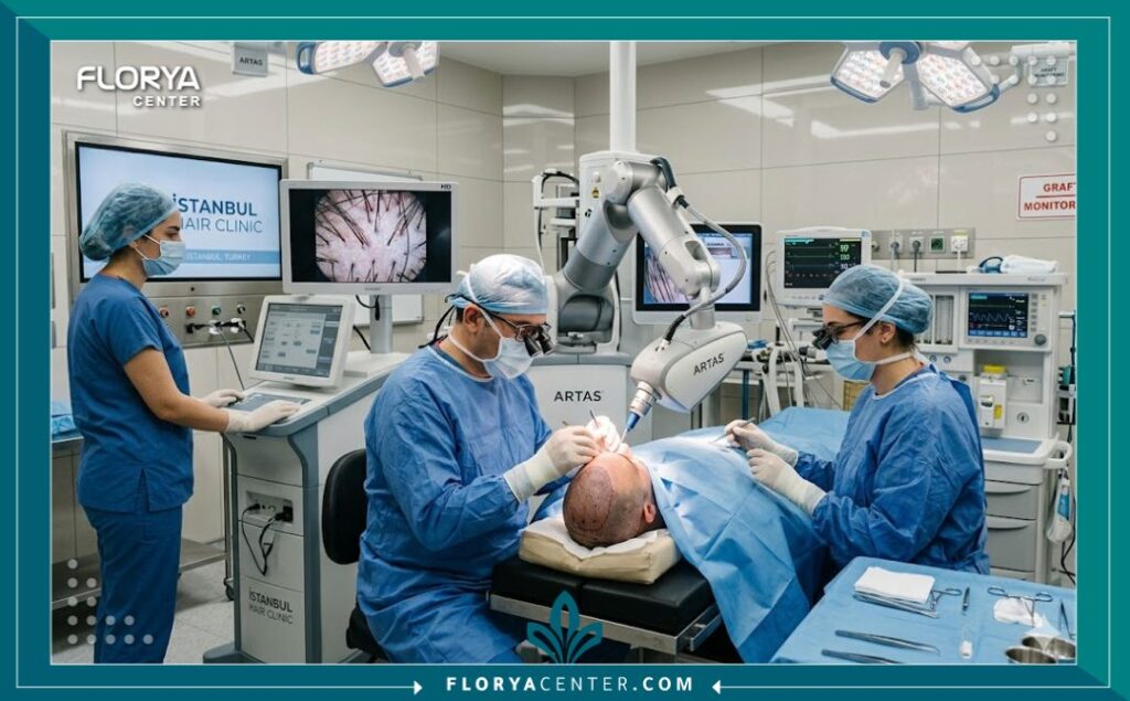 لقطة واقعية من داخل غرفة عمليات معقمة في مستشفى تركي، تظهر طاقماً طبياً متخصصاً يجري عملية زراعة شعر باستخدام نظام روبوت أقلام تشوي المتطور.