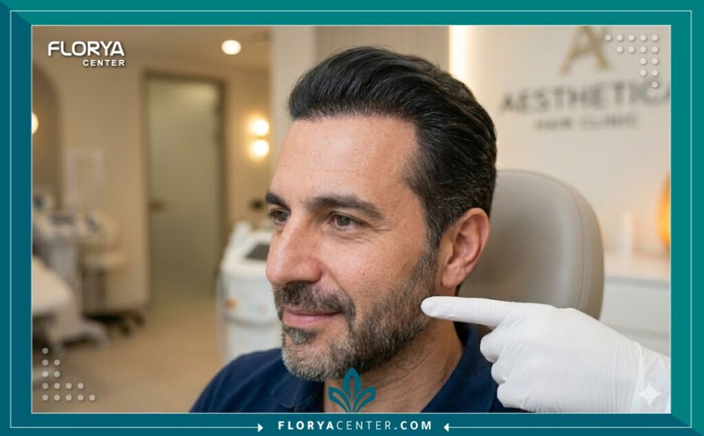 لقطة ماكرو واقعية تركز على خط الشعر الطبيعي والكثيف لرجل بعد نجاح عملية زراعة الشعر بتقنية روبوت أقلام تشوي في تركيا، مع يد طبيب تفحص النتائج.