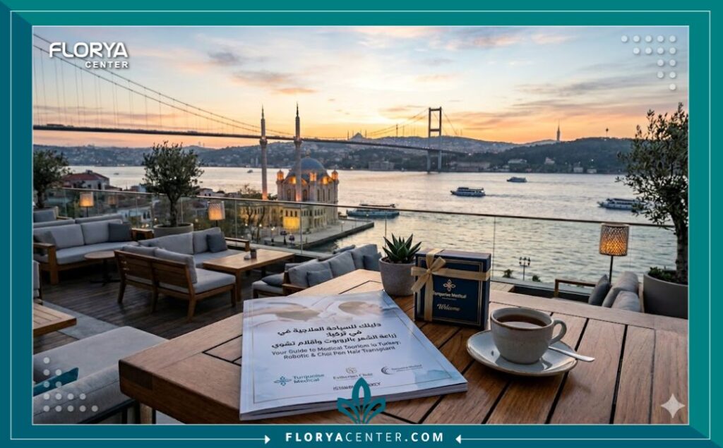 منظر بانورامي هادئ لإسطنبول وقت الشروق يجمع بين المعالم السياحية وفخامة السياحة العلاجية، مع كتيب باللغة العربية عن زراعة الشعر بالروبوت في تركيا.
