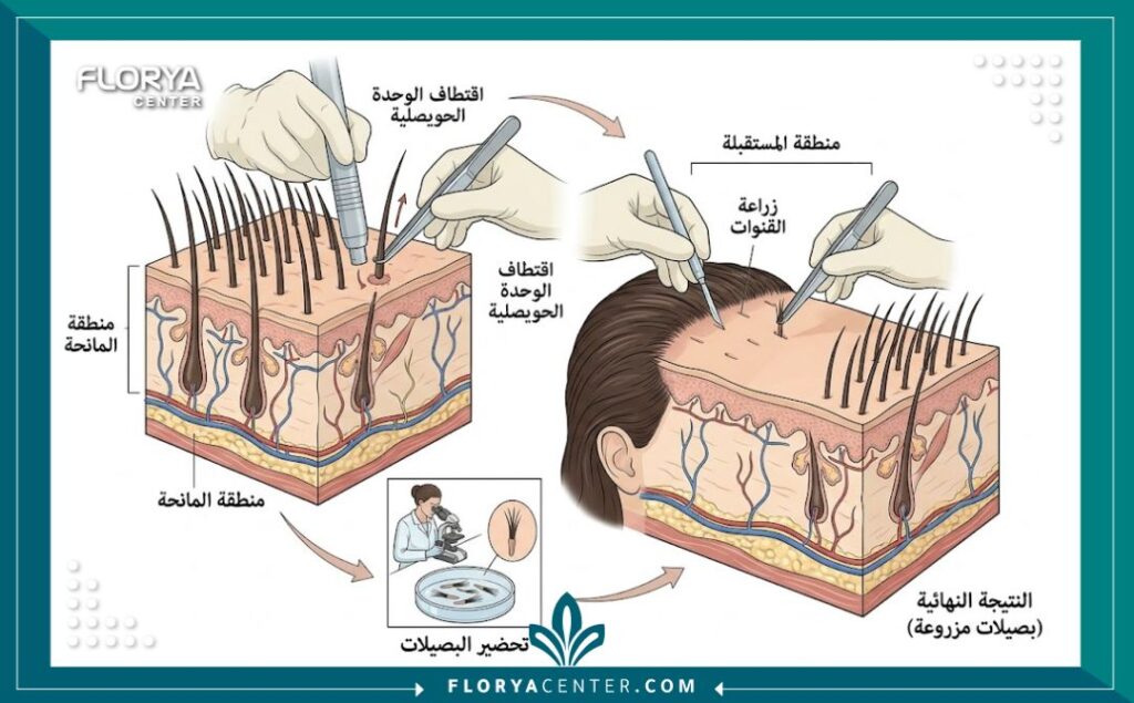 رسم تخطيطي طبي يوضح تشريح فروة الرأس ومراحل عملية زراعة الشعر للنساء بتقنية اقتطاف الوحدة الحويصلية، من المنطقة المانحة إلى المنطقة المستقبلة.