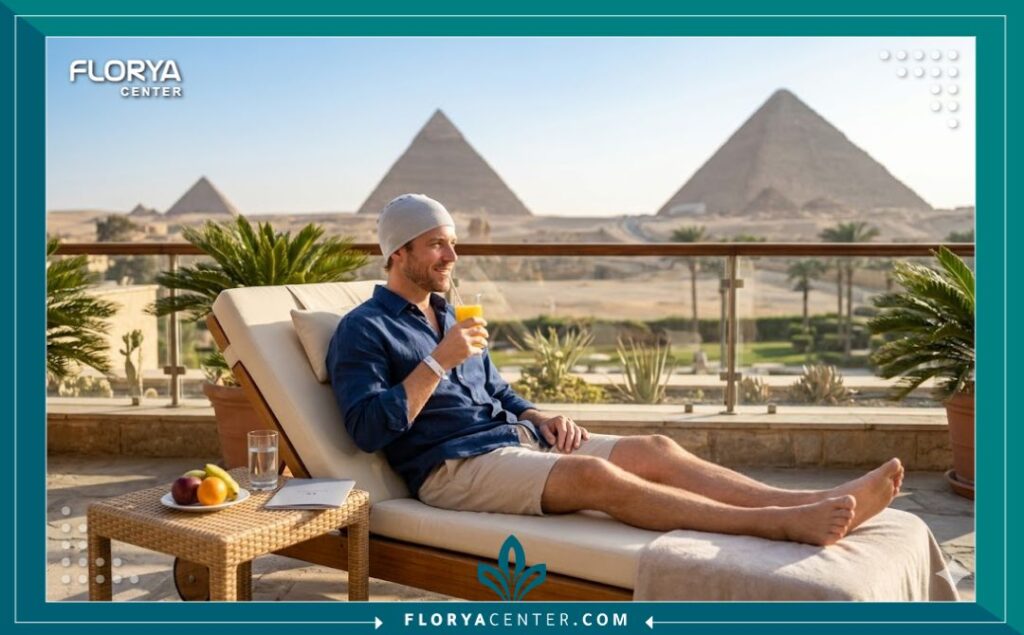 مريض يقضي فترة النقاهة والاسترخاء في فندق فاخر مطل على أهرامات الجيزة بعد الانتهاء من رحلة زراعة الشعر في مصر.