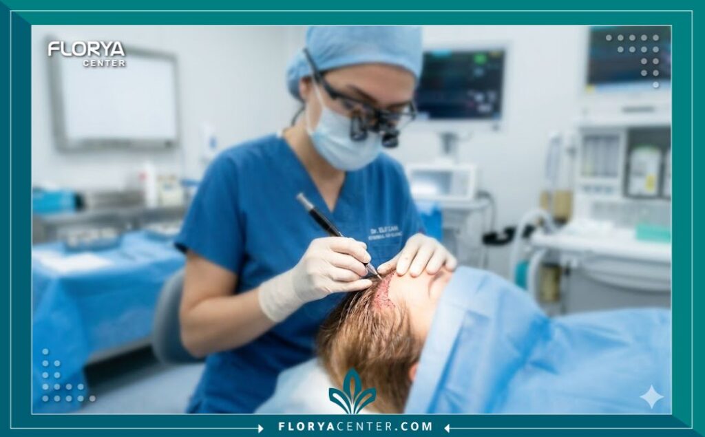 طبيبة متخصصة تقوم بإجراء عملية زراعة الشعر في مقدمة الرأس للنساء باستخدام تقنيات دقيقة داخل غرفة عمليات معقمة واحترافية في إسطنبول.