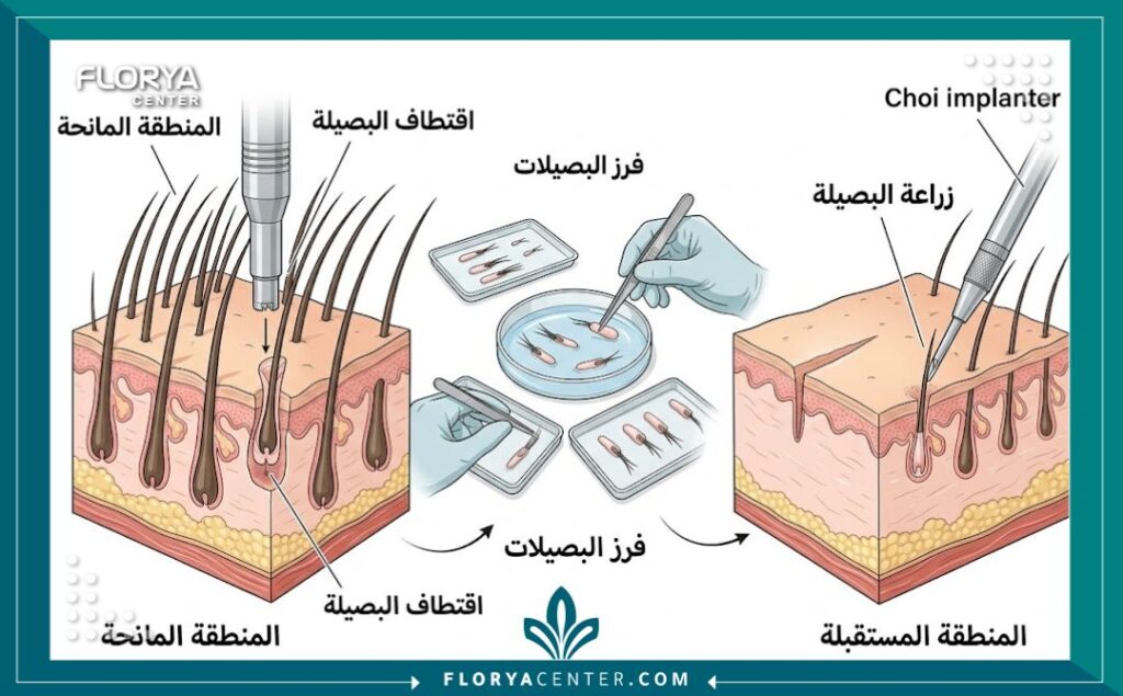 مخطط طبي يوضح مراحل تقنية FUE لزراعة الشعر في يوم واحد من الاقتطاف إلى الزراعة