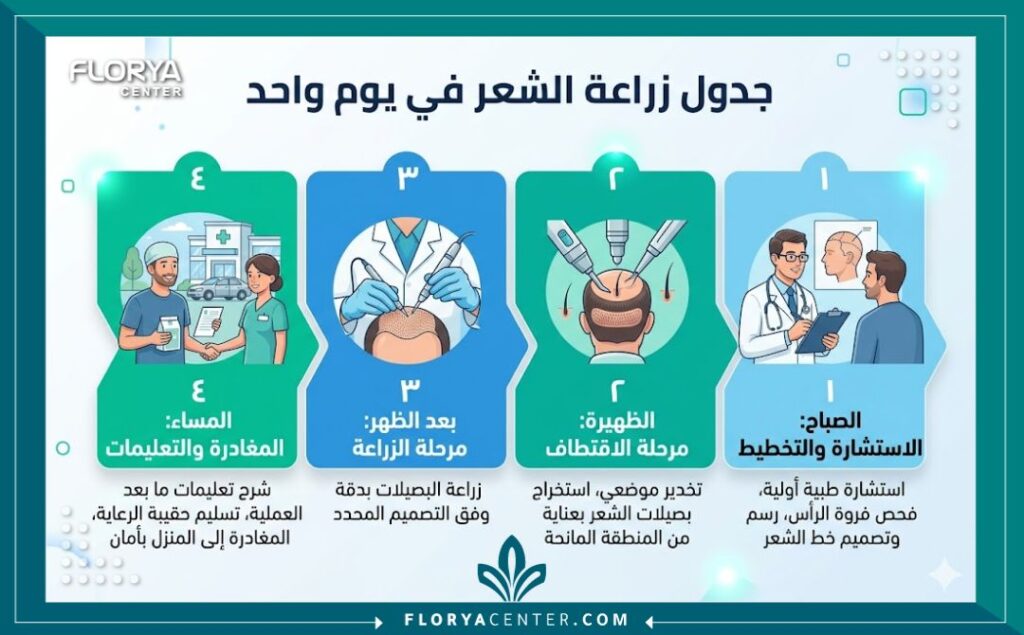 إنفوجرافيك يوضح الجدول الزمني ومراحل عملية زراعة الشعر في يوم واحد من الصباح حتى المساء