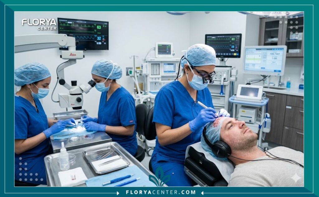 فريق طبي متخصص يجري عملية زراعة شعر دقيقة وسريعة في غرفة عمليات معقمة ومجهزة