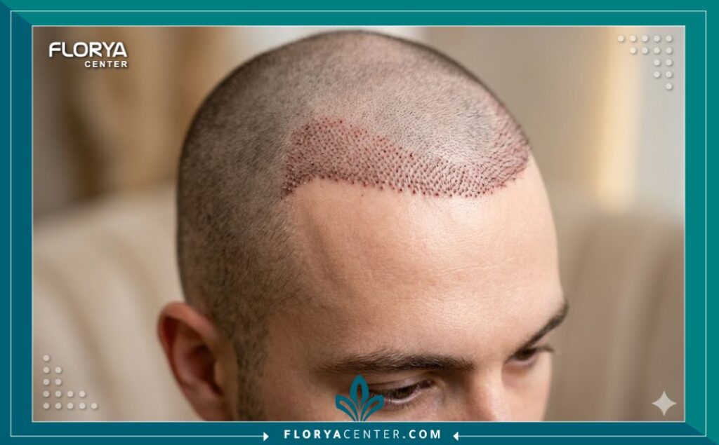 لقطة مكبرة تظهر دقة وكثافة البصيلات المزروعة حديثاً في خط الشعر الأمامي بعد عملية يوم واحد