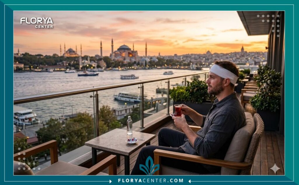 مريض يسترخي ويستمتع بمنظر اسطنبول والبوسفور بعد الانتهاء السريع من زراعة الشعر في يوم واحد