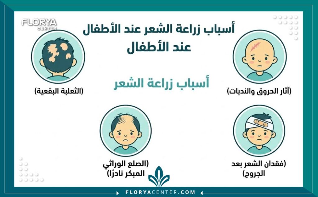إنفوجرافيك يوضح الأسباب الطبية المختلفة اللجوء لعملية زراعة الشعر للأطفال مثل الثعلبة والندبات.