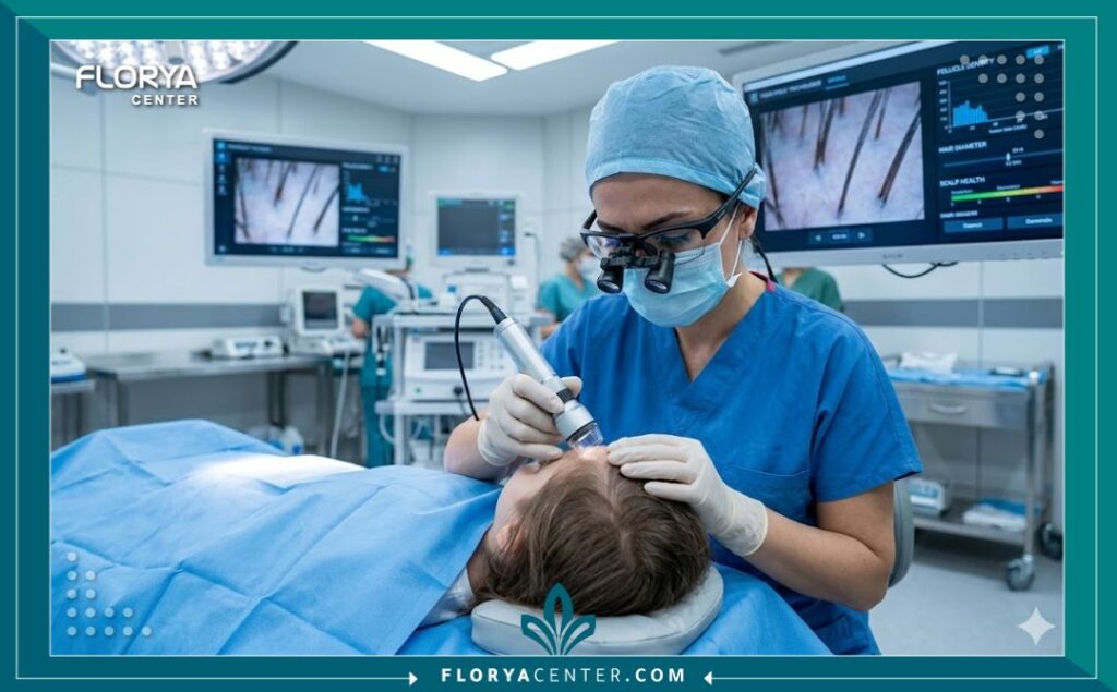 طبيب متخصص يقوم بفحص دقيق لفروة رأس طفل باستخدام أحدث التقنيات قبل زراعة الشعر.