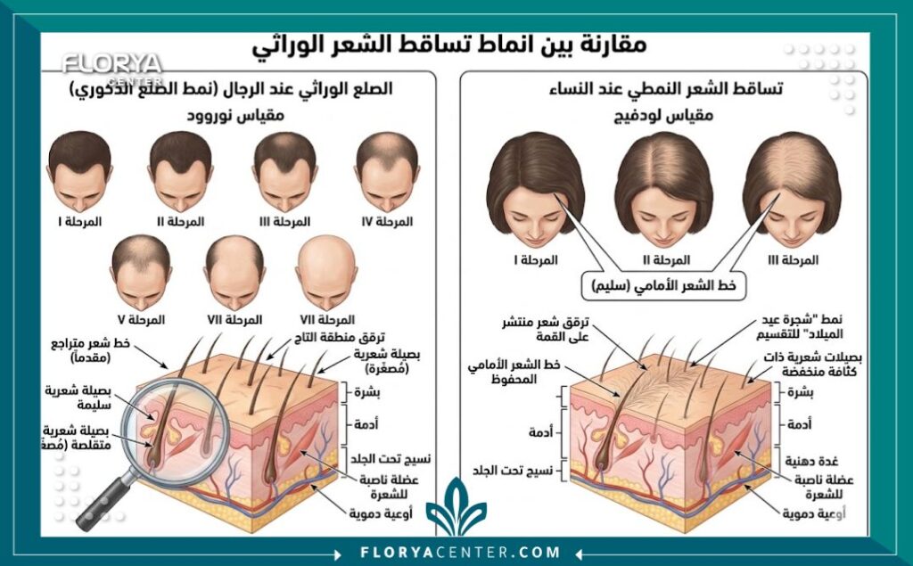 مخطط طبي يقارن بين أنماط تساقط الشعر عند الرجال والنساء (مقياس نوروود ولودفيج)