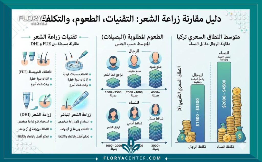 إنفوجرافيك يوضح مقارنة بين تقنيات (FUE vs DHI) وأسعار زراعة الشعر للرجال و النساء