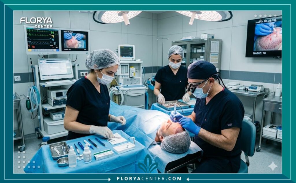 طبيب جراح يجري عملية زراعة شعر باستخدام تقنية DHI الدقيقة في مستشفى معقم في تركيا