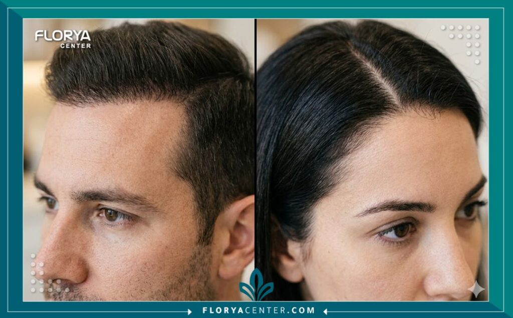 لقطة قريبة جمالية تظهر كثافة الشعر وخط الشعر الطبيعي بعد الزراعة لكل من الرجل والمرأة