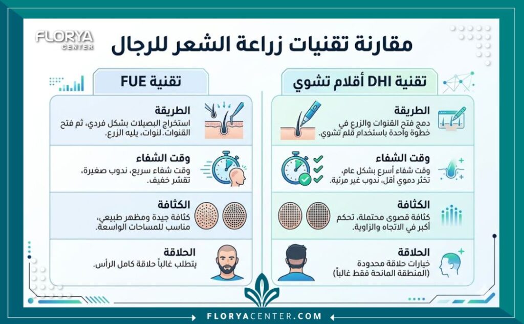 إنفوجرافيك مقارنة بين تقنيتي FUE و DHI لزراعة الشعر للرجال لعلاج تساقط الشعر النمطي.