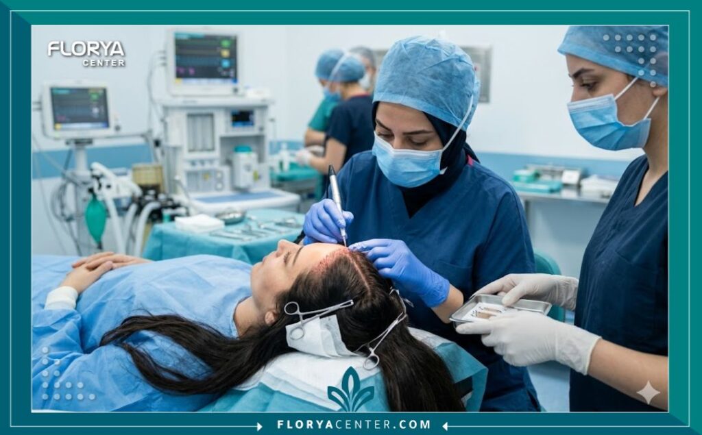 لقطة دقيقة من داخل غرفة عمليات معقمة في اسطنبول، تُظهر طبيبة متخصصة تقوم بعملية زراعة الشعر للسيدات بدون حلاقة باستخدام قلم DHI، مع الحفاظ على الشعر الطويل للمريضة.