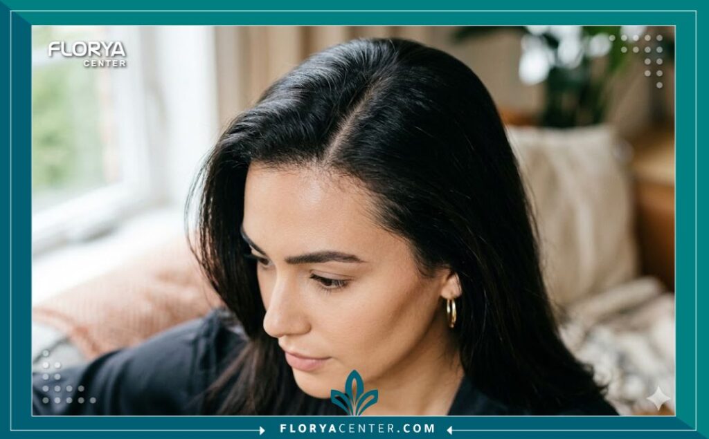 صورة مقربة تركز على مظهر خط الشعر والفرق عند سيدة بعد عملية ناجحة لزراعة الشعر للسيدات في تركيا بدون حلاقة، تُظهر نمواً كثيفاً طبيعياً مع الحفاظ على طول الشعر.