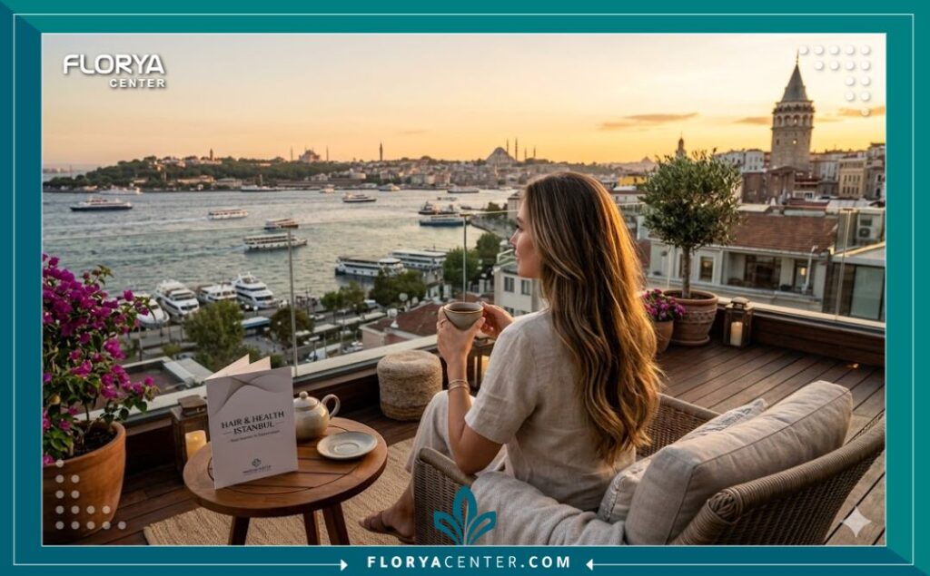 مشهد بانورامي خلاب لمدينة اسطنبول عند الغروب مع سيدة عربية تستمتع بالمناظر بعد إجراء عملية زراعة الشعر للسيدات في تركيا بدون حلاقة، في رحلة سياحة علاجية مريحة.