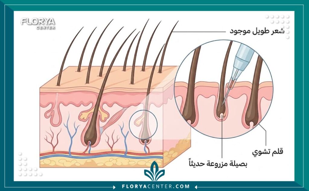 رسم تخطيطي طبي يوضح كيفية زراعة بصيلات جديدة بين الشعر الطويل الحالي دون الحاجة لحلاقته للنساء.