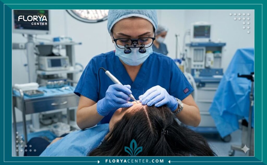 طبيبة تجري عملية زراعة الشعر بتقنية DHI لامرأة في عيادة معقمة دون حلاقة المنطقة المستهدفة.